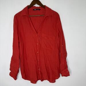 ZARA Shirt Womens XL Red 100% Linen Collared Button Down Roll Tab Sleeve Pocket